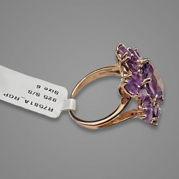 Amethyst Ring Oval Pear Cut 14K Rose Gold Sterling Silver Purple/Pink W 6 NWOT - Picture 3 of 17